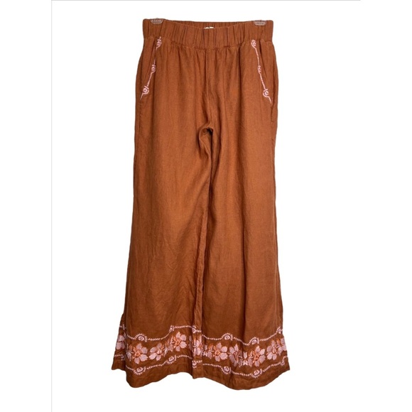 Spartina 449 Linen Pants S Brown Rylene Wide Leg Palazzo Floral Embroidered - Picture 2 of 8